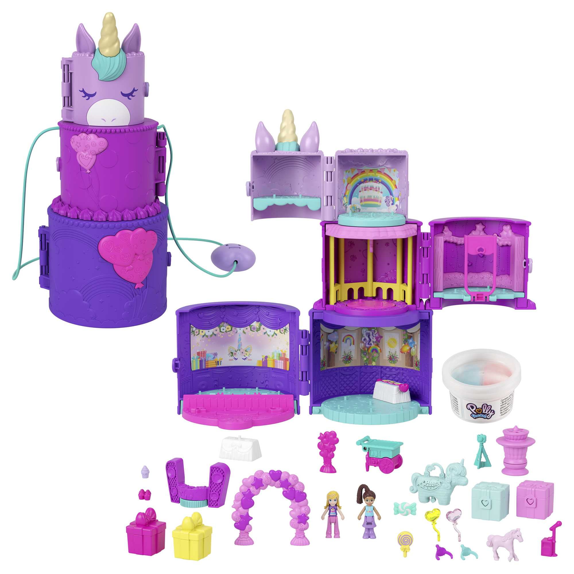 Polly Pocket 2-in-1 Spin 'n Surprise Birthday, Unicorn Toy with 2 Micro Dolls, Multi-Color