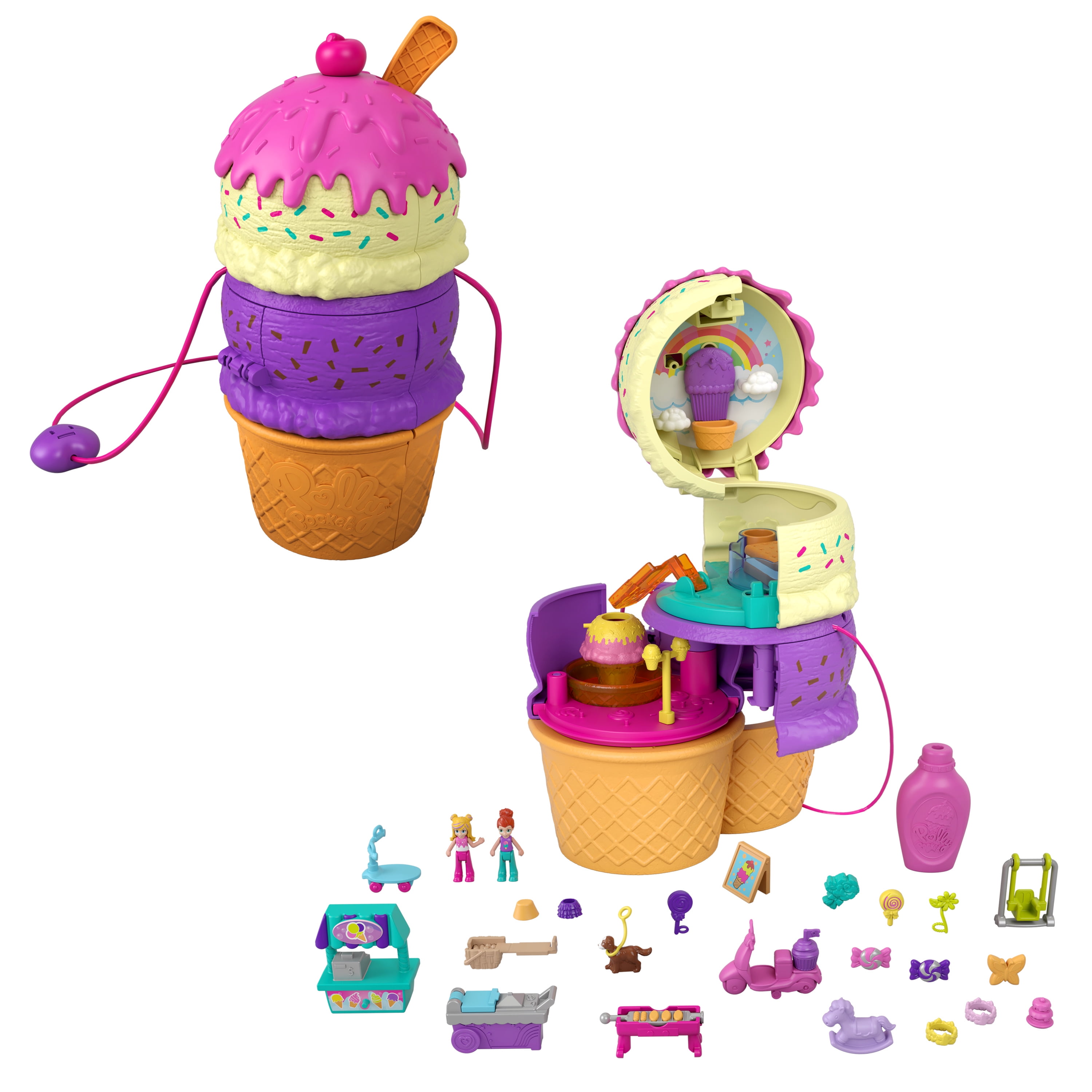 Polly Pocket 2-in-1 Travel Toy Playset, Unicorn Toy with 2 Dolls & 25  Surprise Accessories, Unicorn Party Large Compact