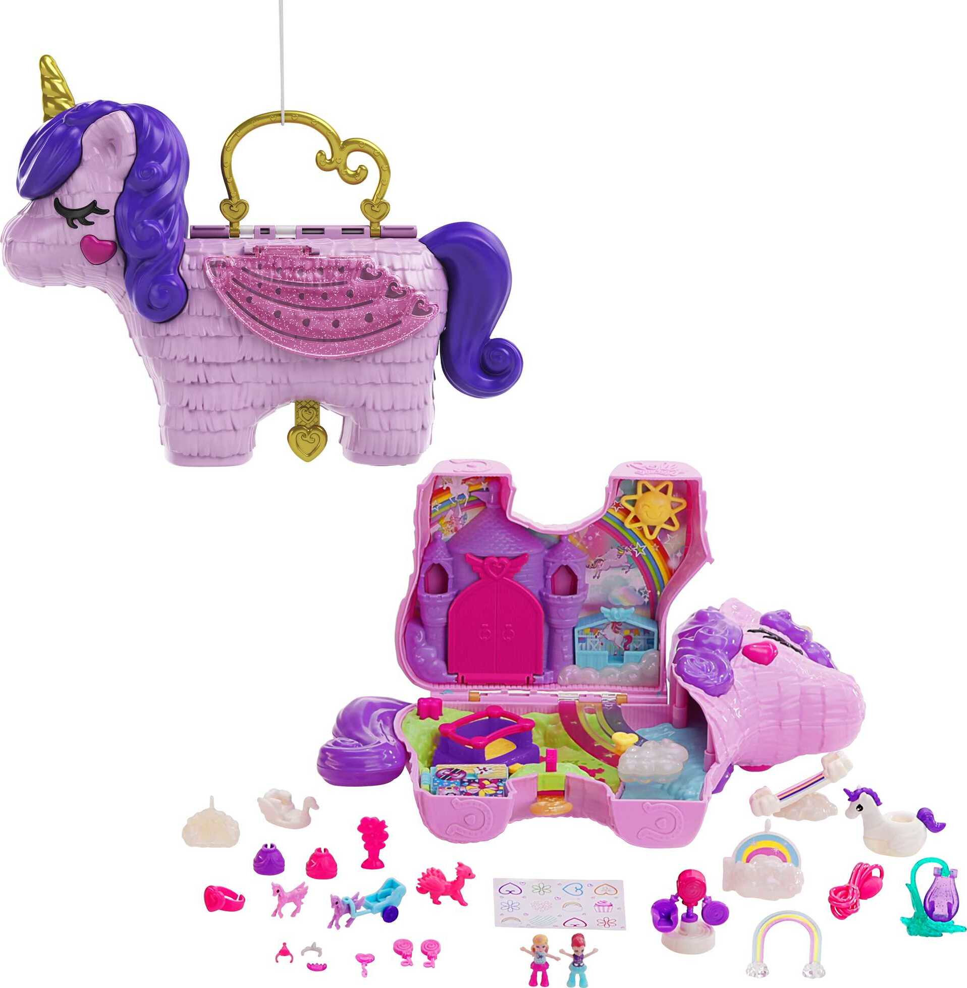 Polly Pocket 2-in-1 Unicorn Party Travel Toy, Large Compact with 2 Dolls & 25 Surprise Accessories - image 1 of 9