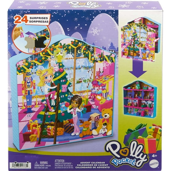 Polly Pocket Dolls Advent Calendar, Gingerbread House Playset with 24 Surprises, Dollhouse Furniture, Toy Car & Holiday Accessories