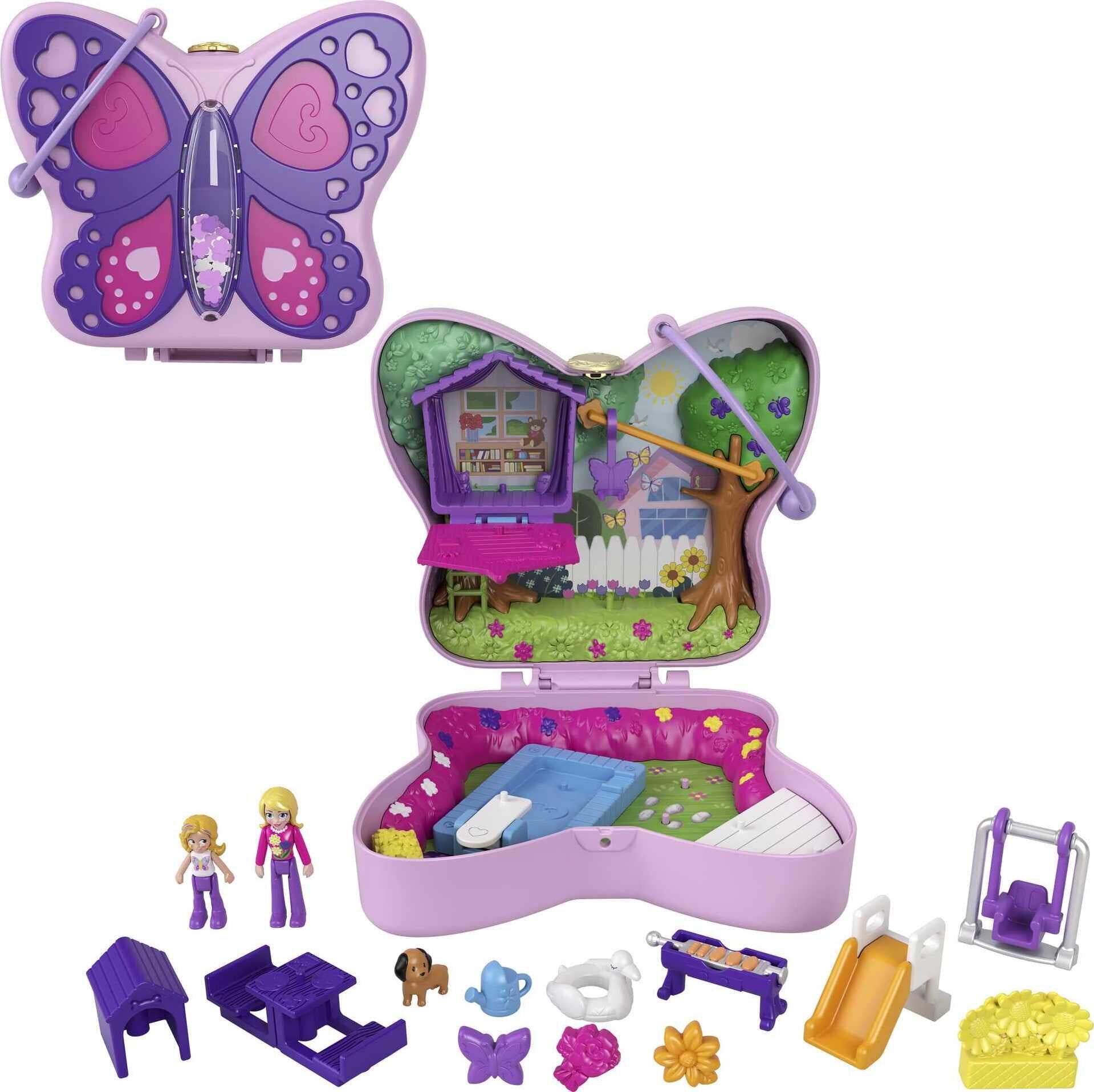 Polly Pocket Backyard Butterfly Compact Playset with 2 Micro Dolls Accessories Travel Toys