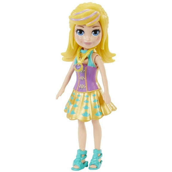 Polly Pocket Collectible Doll ~ Polly Wearing Gold, Purple and Teal Dress, Teal Sandals and Wearing Heart Locket ~ 3 1/2" Tall ~ GKL32