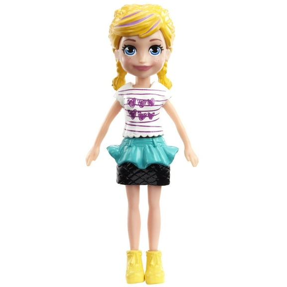 Polly Pocket Collectible Doll ~ Polly Wearing Teal and Black Skirt, Pink and White Heart Shirt and Yellow Boots ~ 3 1/2" Tall ~ HKV79
