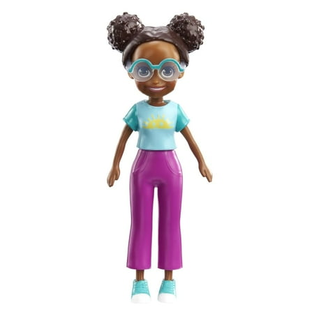 Polly Pocket Collectible Doll ~ Shani Wearing Purple Pants, Teal Sunshine Shirt, Green Shoes and Glasses ~ 3 1/2" Tall ~ HKV77