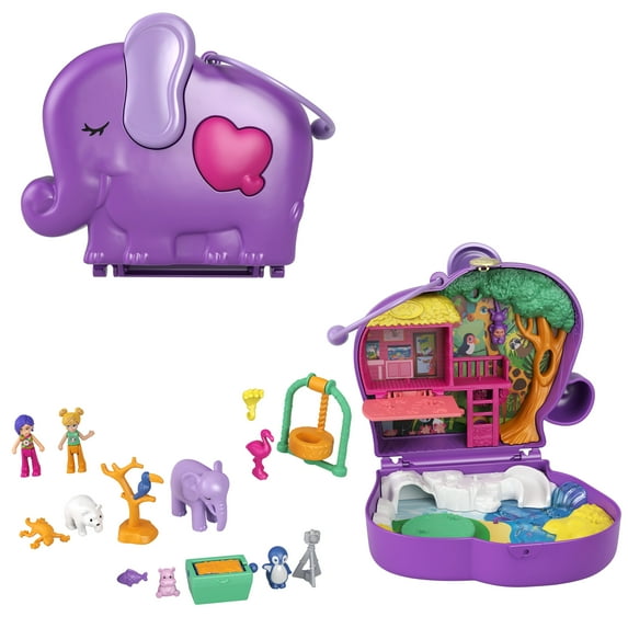Polly Pocket Elephant Adventure Compact Playset with 2 Micro Dolls & Accessories, Travel Toys