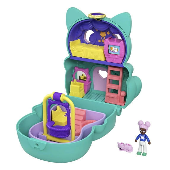 Polly Pocket Flip & Find Cat Compact, Travel Toy with Micro Polly Doll & Pet Cat
