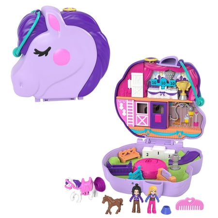 Polly Pocket Jumpin' Style Pony Compact Playset with 2 Micro Dolls & Accessories, Travel Toys