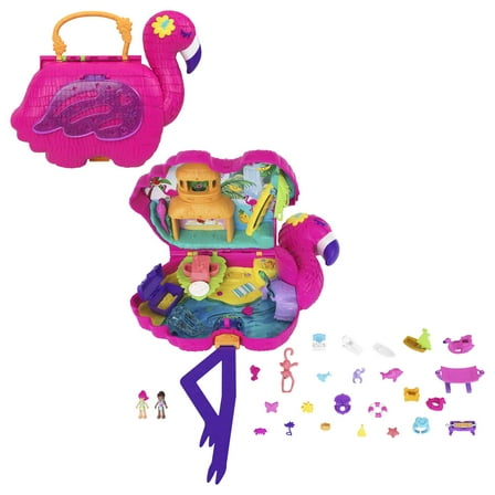 Polly Pocket Large Flamingo Party Compact, Animal Toy with 2 Micro Dolls & 26 Surprise Accessories