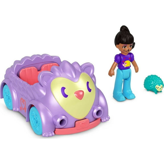 Polly Pocket Micro Doll with Hedgehog-Themed Die-cast Car and Mini Pet, Travel Toys