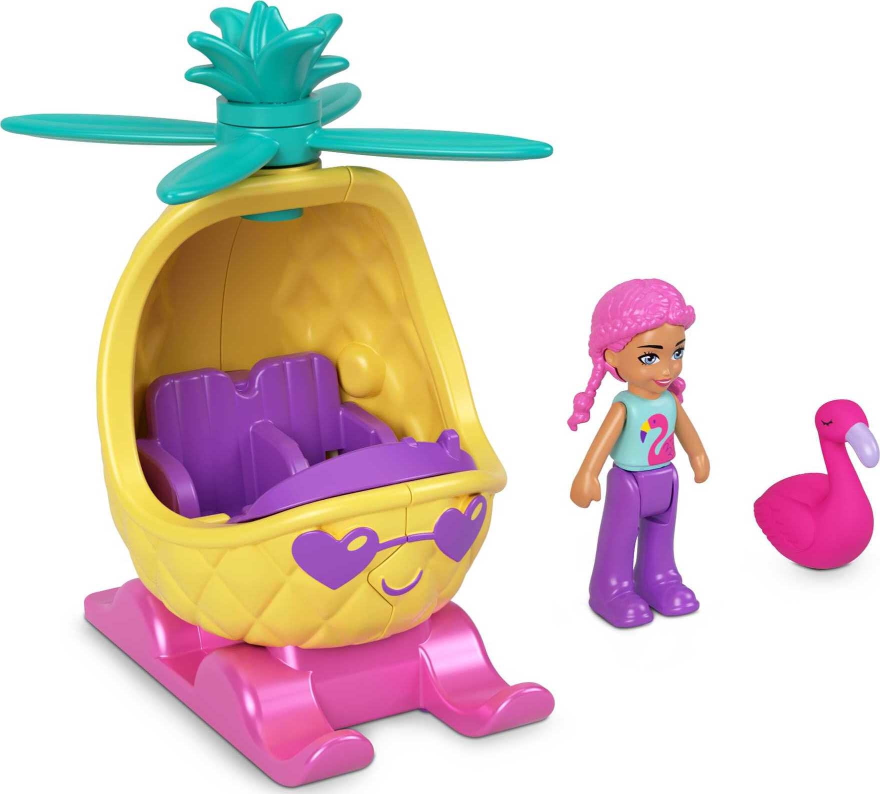 Polly Pocket Micro Doll with Pineapple-Themed Die-cast Helicopter and Mini  Pet, Travel Toys 