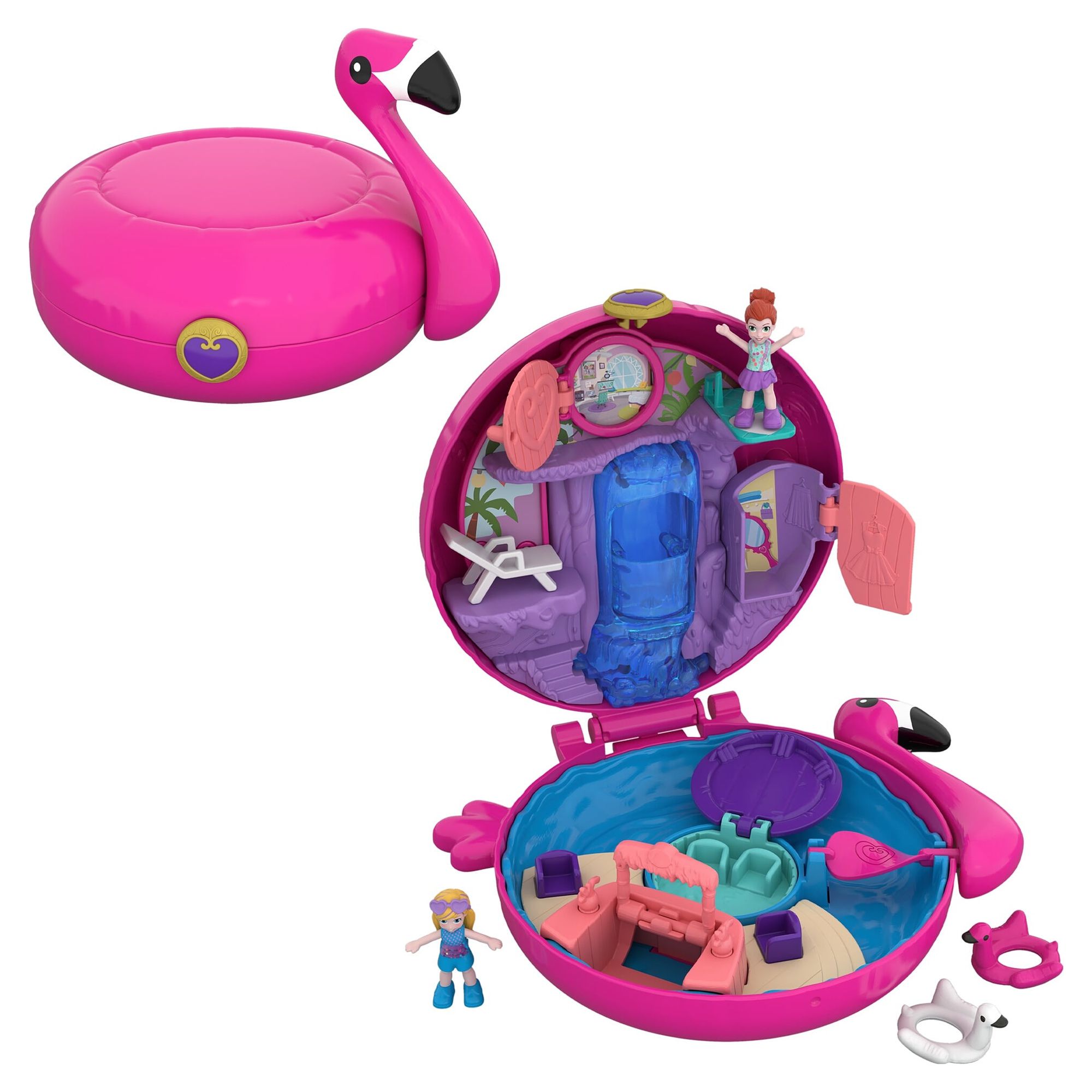 Polly Pocket Mini Toys, Compact Playset and 2 Dolls, Flamingo Floatie - image 1 of 8