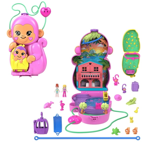 Polly Pocket Momma Monkey & Baby Playset with 2 Micro Dolls, Pets & 13 Accessories, 2-in-1 Purse & Toy