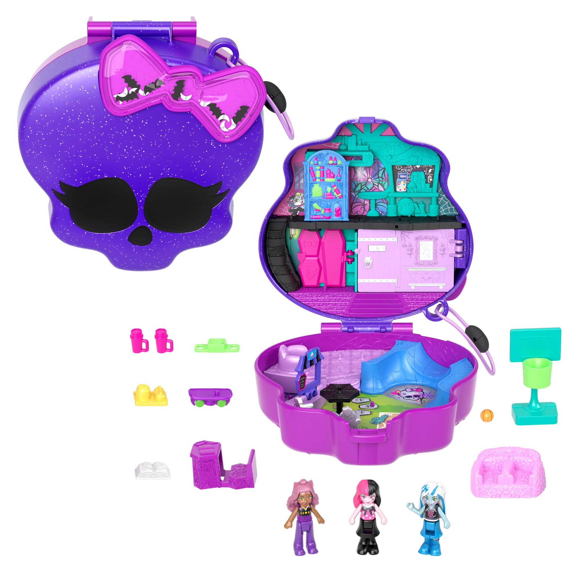 Polly Pocket Monster High Compact with 3 Micro Dolls & 10 Accessories, Opens to High School