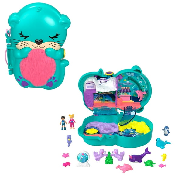 Polly Pocket Otter Aquarium Compact Playset with 2 Micro Dolls & Accessories, Travel Toys
