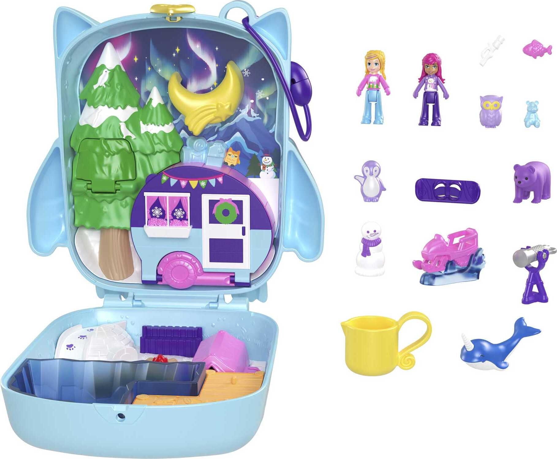 Polly Pocket Pajama Party Snowy Sleepover Owl Compact Playset with 2 Micro  Dolls & Color Change