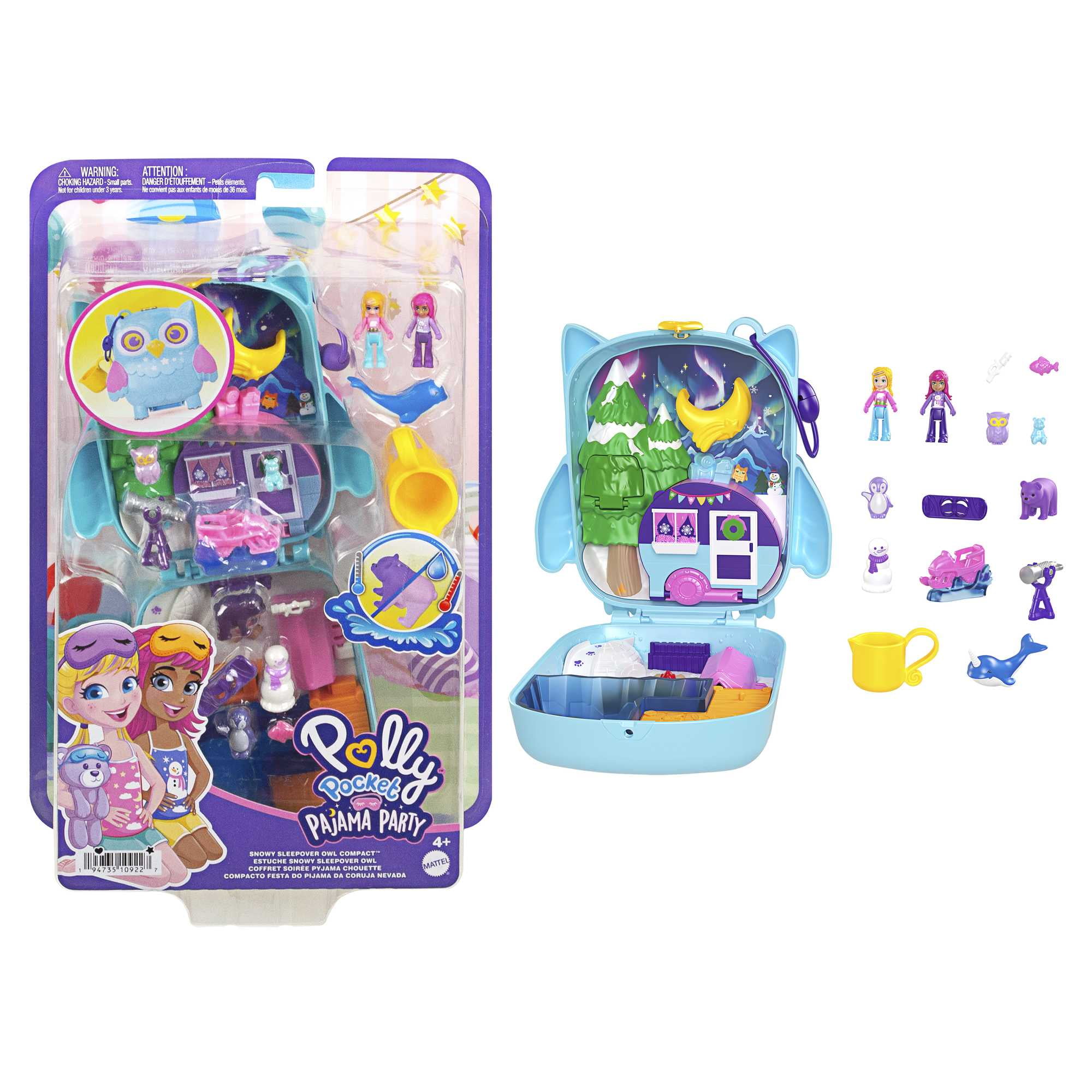 Polly Pocket Pajama Party Snowy Sleepover Owl Compact Playset with 2 Micro Dolls Multi Color