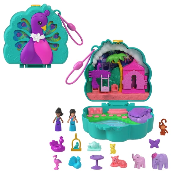 Polly Pocket Peacock Garden Compact with 2 Micro Dolls and Pets, Travel Toy with Animal Accessories