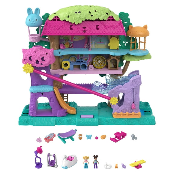 Polly Pocket Pet Adventure Treehouse Playset, Doll House with 2 Micro Dolls, Toy Car & 15+ Accessories