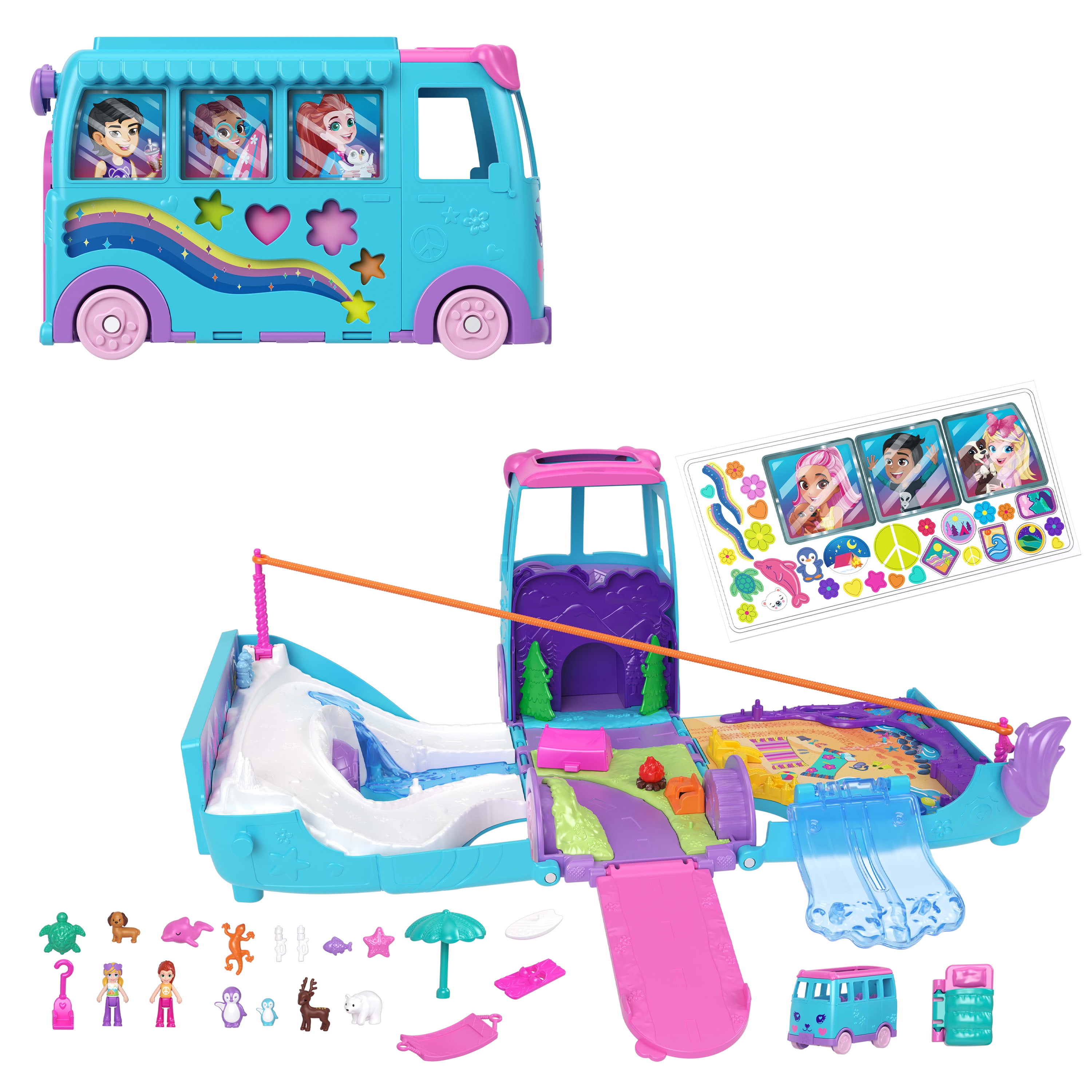 Polly Pocket Pet Mobile Adventure Playset with Micro Dolls & Transforming Camper Van, Pets & Toy Car
