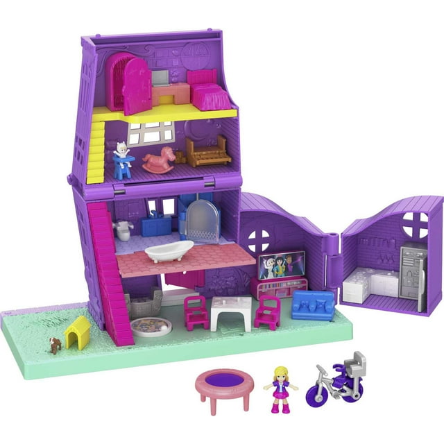 Polly Pocket Pollyville Pocket House Playset, Doll House with Micro Doll, Toy Bike & Furniture Accessories
