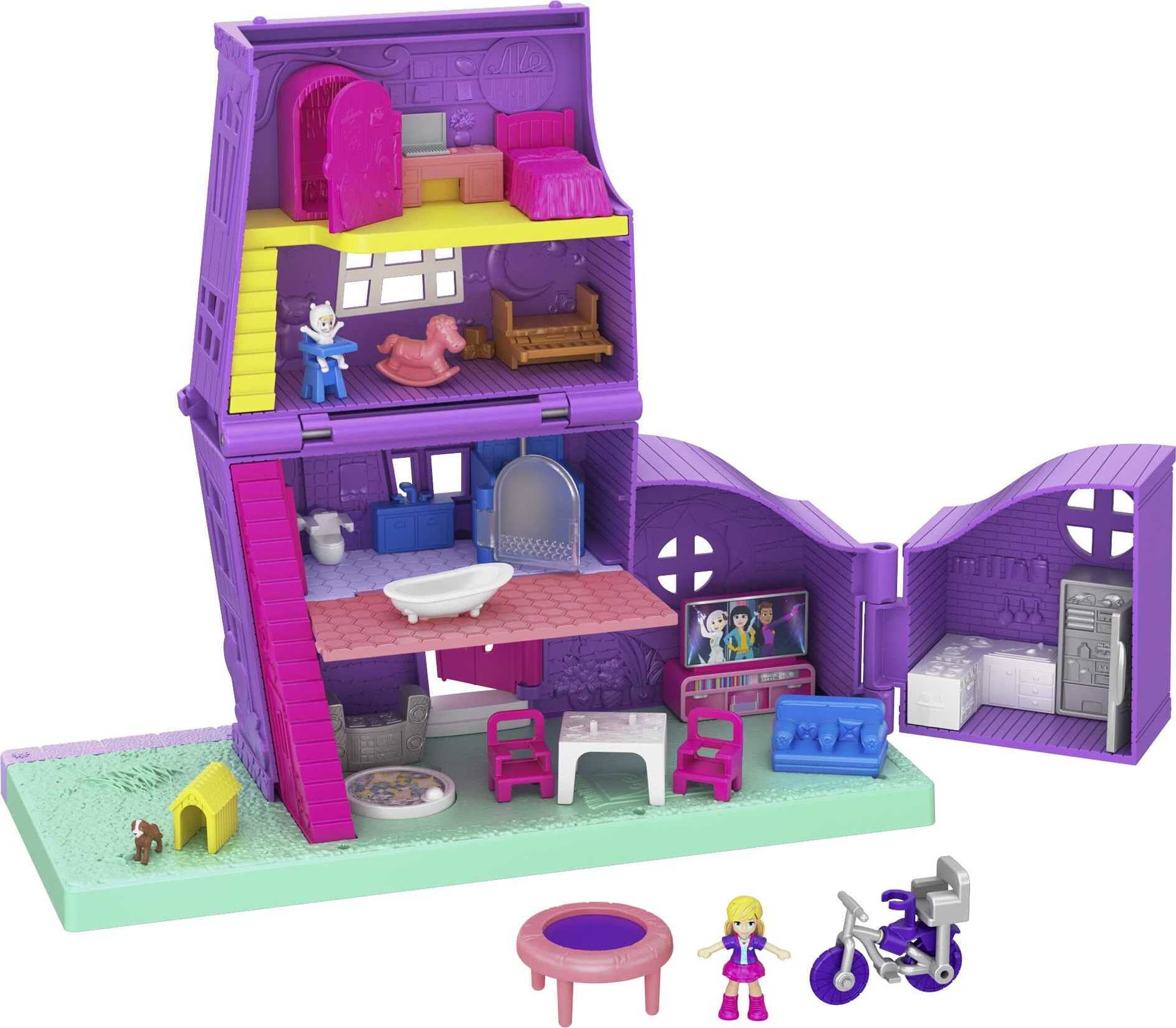 Polly Pocket Pollyville Pocket House Playset, Doll House with Micro Doll,  Toy Bike & Furniture Accessories 
