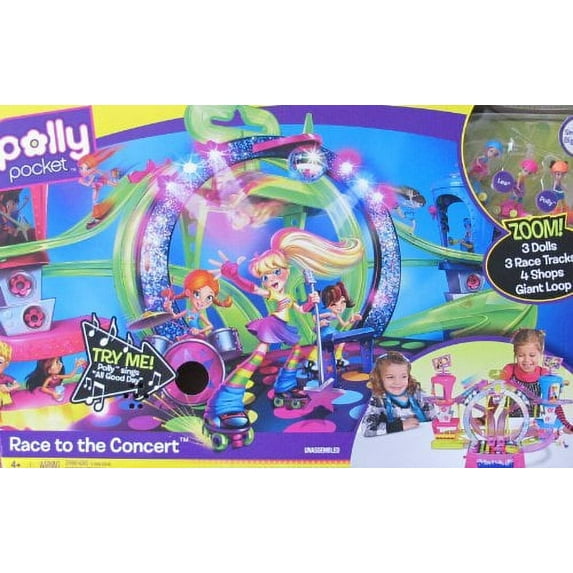 Polly Pocket RACE to The CONCERT Playset w SOUNDS, 3 DOLLS, 4 SHOPS & More (2010)