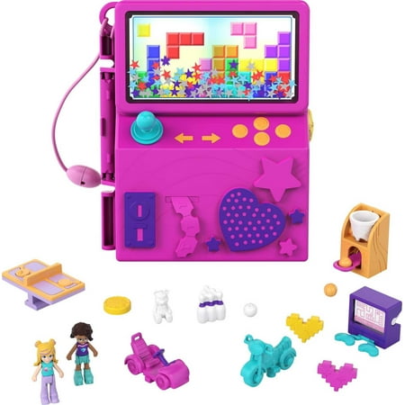 Polly Pocket Race & Rock Arcade Compact Playset with 2 Micro Dolls & Accessories, Travel Toys