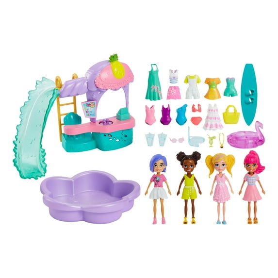 Polly Pocket Smoothie Splash Pack, Playset with 4 (3-inch) Dolls, Fashion & 20+ Outdoor Accessories