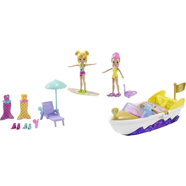 Polly Pocket Splashin’ Fun Mermaid Pack, Water Tank, Submarine, Boat, Two 3-inch Dolls, 4 & up