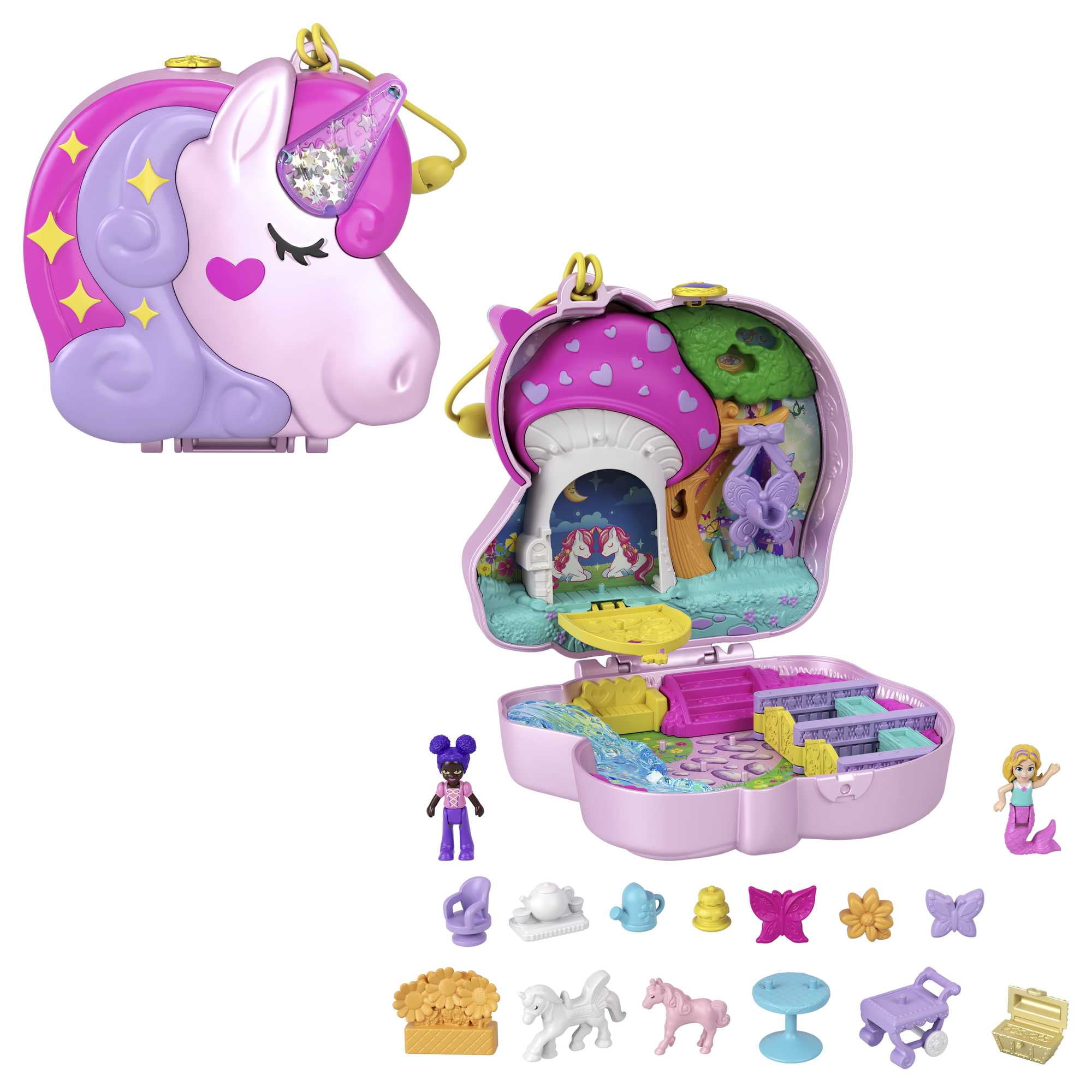 Polly Pocket Unicorn Tea Party Compact Playset with 2 Micro Dolls &  Accessories, Travel Toys 