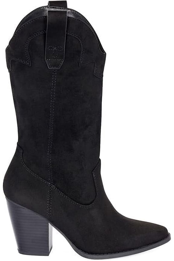 Polly- Women's Cowboy Mid-Calf Western Slip On Ankle Booties Almond Toe Cowgirl Boots (Black ISU, 7.5)