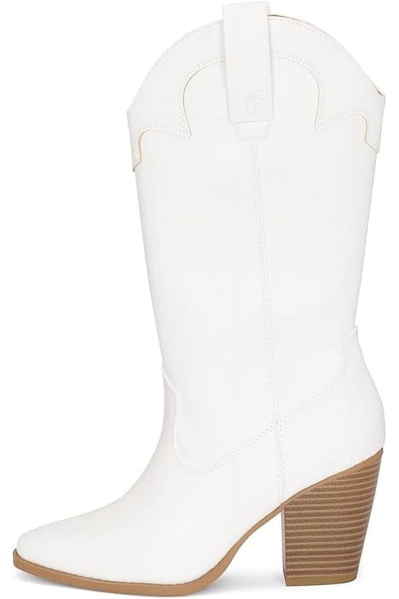 Polly- Women's Cowboy Mid-Calf Western Slip On Ankle Booties Almond Toe Cowgirl Boots (White/Beige PU, 6)