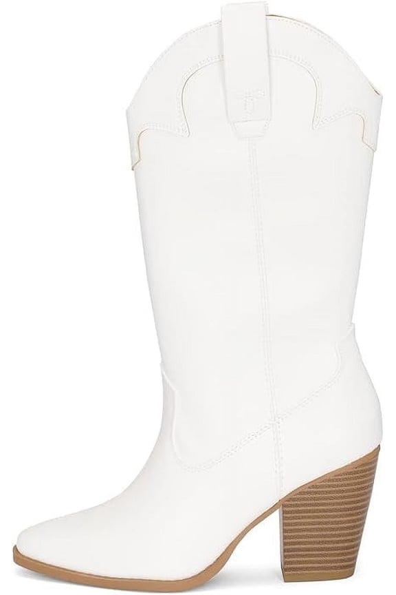 Polly- Women's Cowboy Mid-Calf Western Slip On Ankle Booties Almond Toe Cowgirl Boots (White/Beige PU, 9)