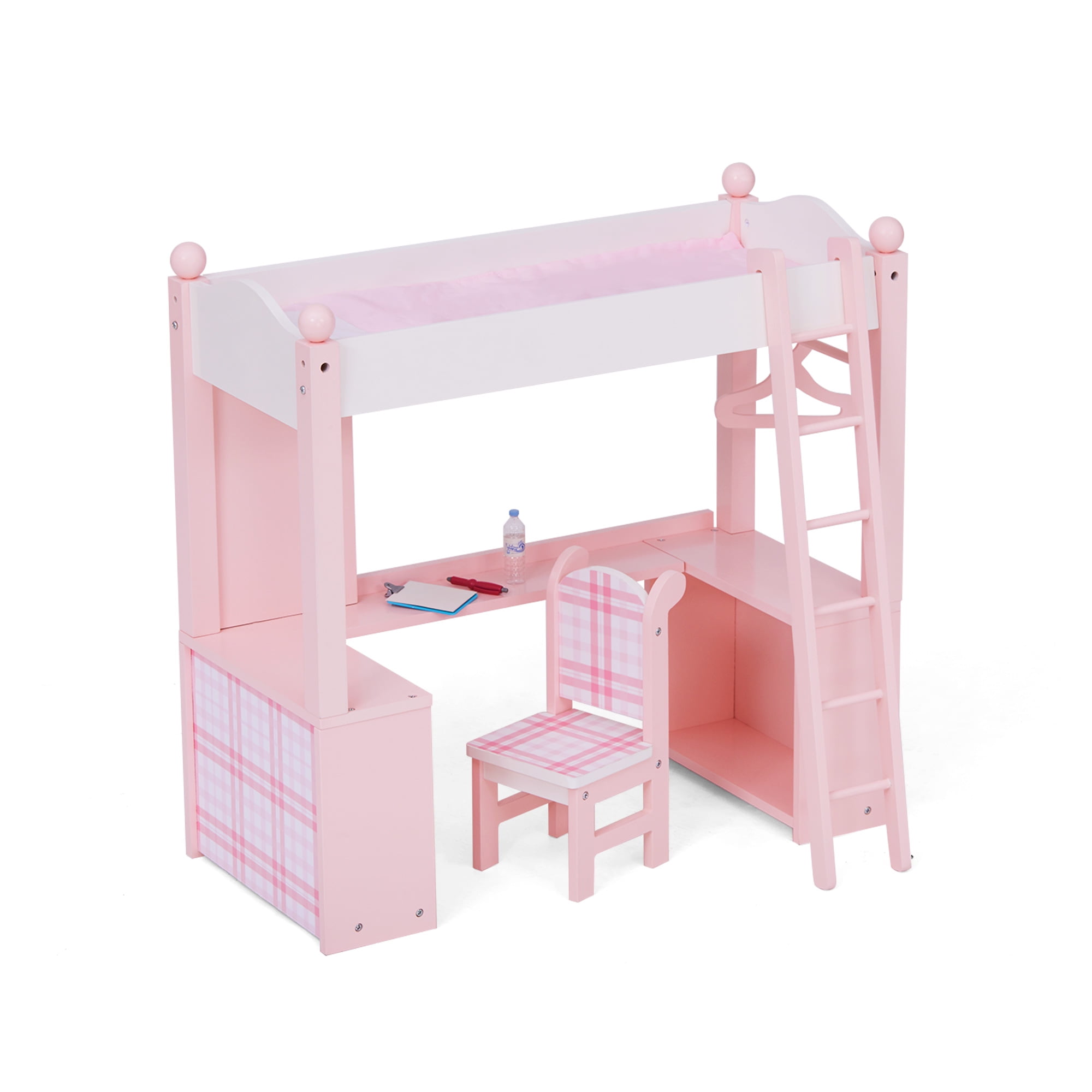 Sophia's Pink and White Wooden Doll Loft Bed with Desk and Chair