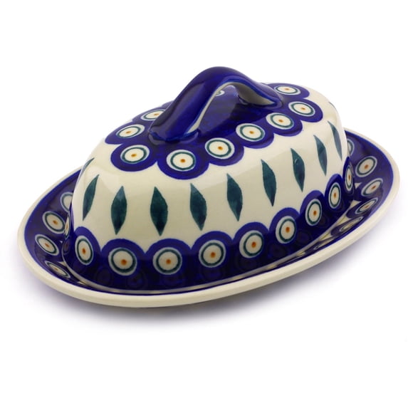 Polish Pottery 7¾-inch Butter Dish (Peacock Theme) Hand Painted in Boleslawiec, Poland + Certificate of Authenticity