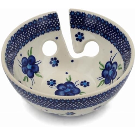 Polmedia Polish Pottery Yarn Bowl 6-inch - Bleu-Belle Fleur Pattern Handmade in Boleslawiec Poland by Ceramika Bona + Certificate of Authenticity$$Home Decor, Kitchen, & Other