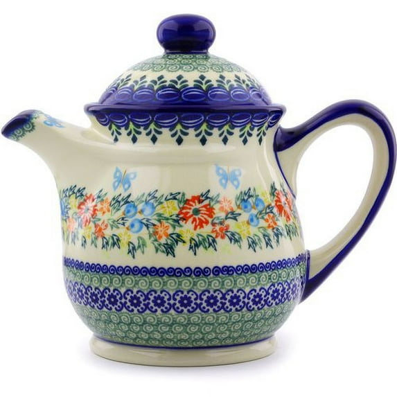 Polmedia Red Cornflower And Blue Butterflies 1.44 qt. Stoneware Teapot