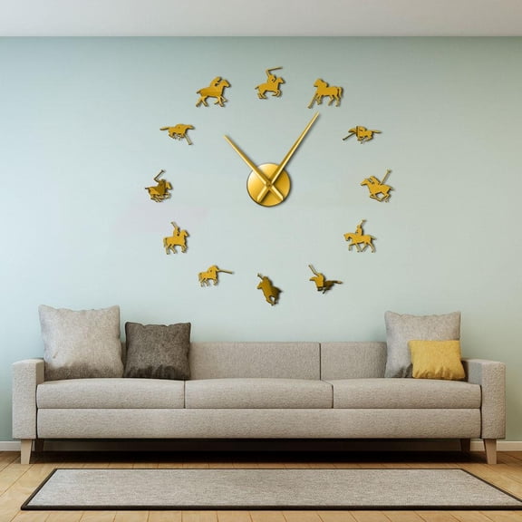 Polo Games Polo Sport Pony Match Wall Art DIY Giant Wall Clocks Poloist Horse Riders Frameless Large Wall Watch Polo Player Gift(Gold,27inch)