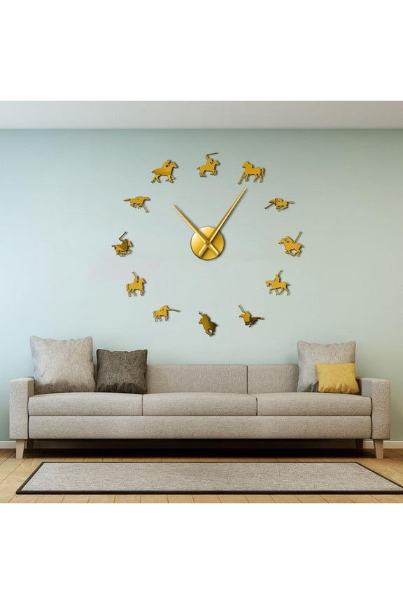 Polo Games Polo Sport Pony Match Wall Art DIY Giant Wall Clocks Poloist Horse Riders Frameless Large Wall Watch Polo Player Gift(Gold,27inch)