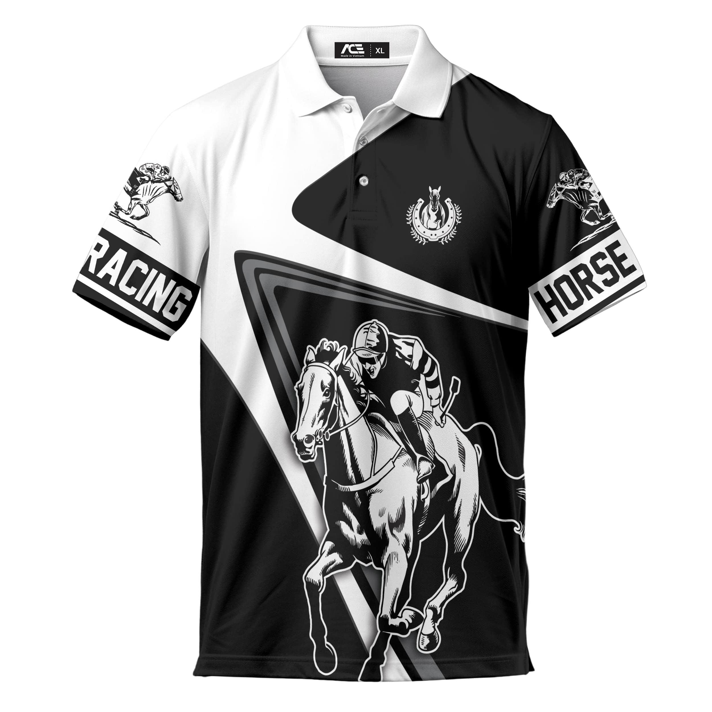 Horse Racing White Polo Shirt With Black Horse Polo Horse Racing