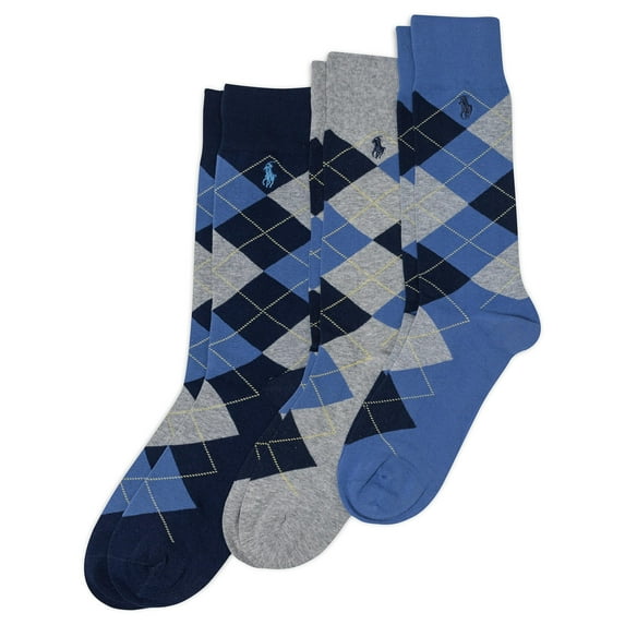 Polo Ralph Lauren Mens Pattern Dress Socks - 3 Pair Pack Soft Lightweight Cotton Comfort Argyle Crew, Navy, Bright Navy, 6-12.5 US
