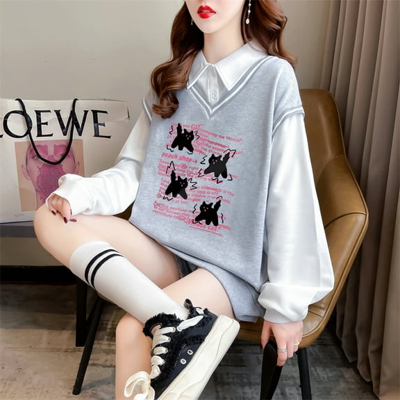 Polo Neck Sweatshirt - Cartoon Long Sleeve Top