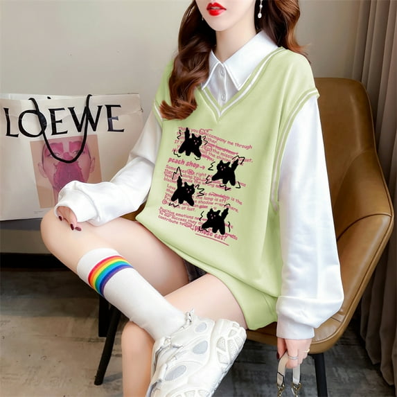 Polo Neck Sweatshirt - Cartoon Long Sleeve Top