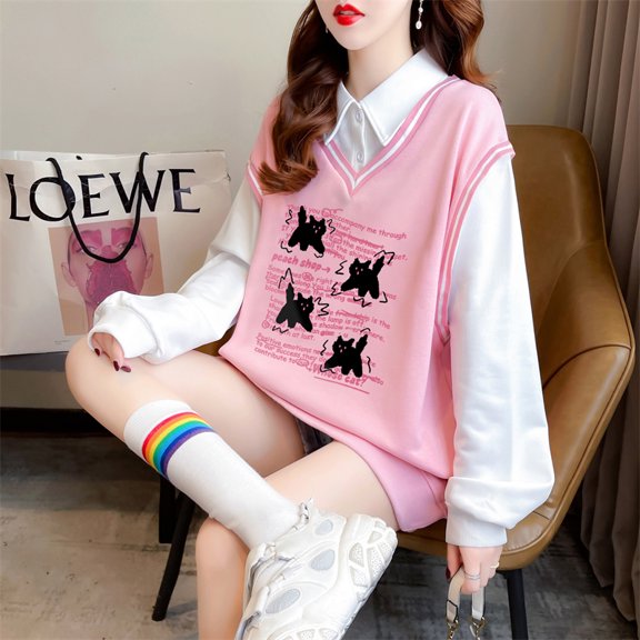 Polo Neck Sweatshirt - Cartoon Long Sleeve Top