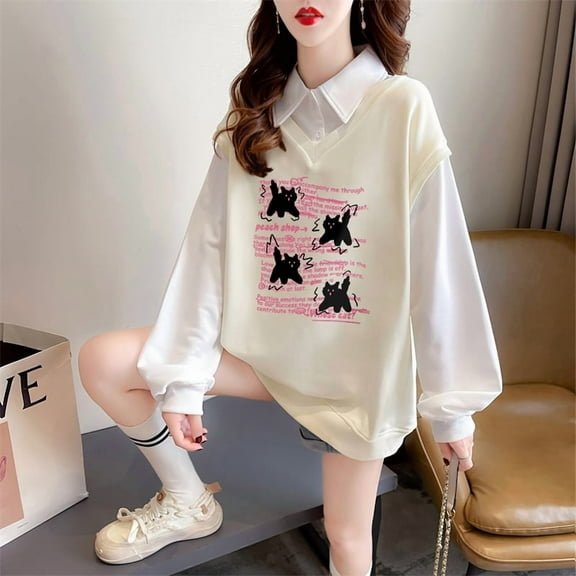 Polo Neck Sweatshirt - Cartoon Long Sleeve Top