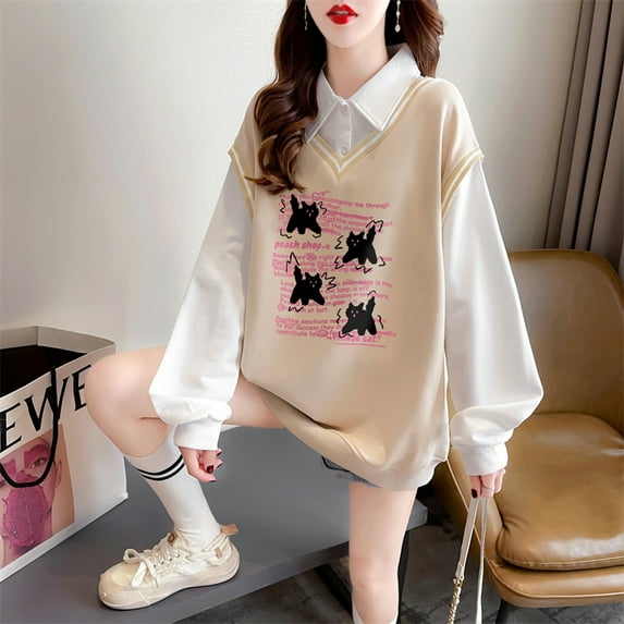 Polo Neck Sweatshirt - Cartoon Long Sleeve Top