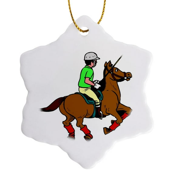3drose, Polo Player Rides Polo Pony, 3 inch Snowflake Porcelain Ornament