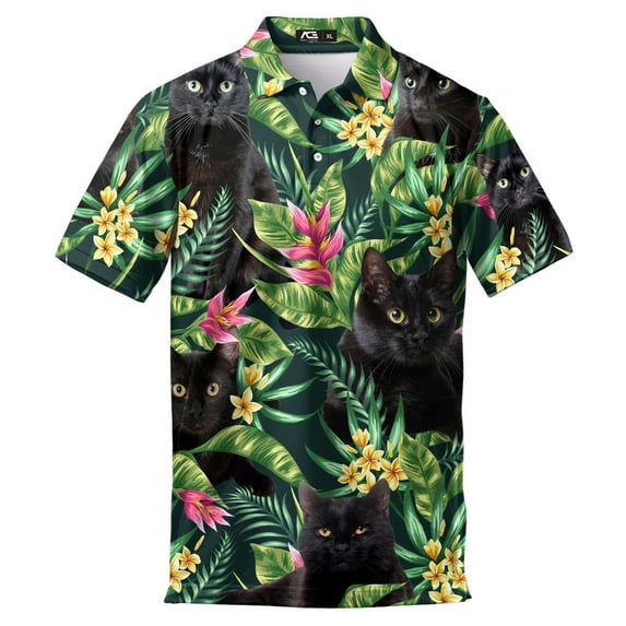 Polo Print Black Cat Short Sleeve Golf Shirts Mens Golf Shirt Moisture Wicking Dry Fit Golf Shirts for Men Funny Crazy Golf Polo Shirt for Men
