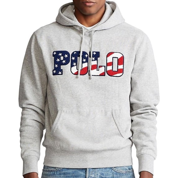 Polo Ralph Lauren Americana Flag Magic Fleece Hoodie Pullover Sweatshirt (Grey, Large)