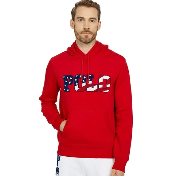 Polo Ralph Lauren Americana Flag Magic Fleece Hoodie Pullover Sweatshirt (Red, Small)